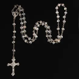 Colar de rosário de cristal inteiro 6mm, 24 peças, católico, terra santa, cruz, oração, colar257p