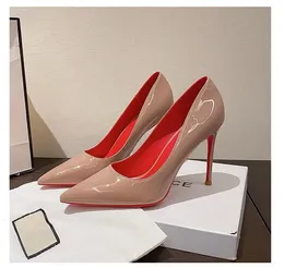 Sapatos de vestido Red sola saltos altos sexy apontado fino couro genuíno nu sapatos de trabalho oversized mulheres 231201