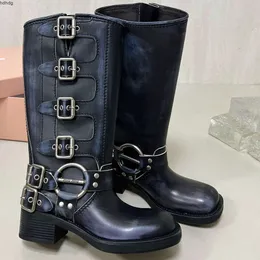 Boots Harness Belt Buckled cowhide leather Biker Knee Boots chunky heel zip Knight boots Fashion square toe Ankle for women luxury designer shoes factory footwear