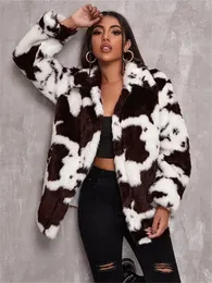 Kadın kürk sahte kış kadın polar ceketler tüylü oyuncak ceket harajuku süt inek baskı ceket vintage hip hop sıcak sokak kıyafeti 231202