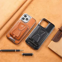 Luxury Plating Solid Leather Vogue Phone Case för iPhone 15 14 13 12 Pro Max Sturdy Business Magnetic Invisible Full Protective Card Slot Wallet Kickstand Back Cover Cover