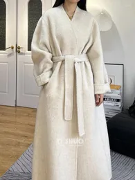 Women's Wool High-end Light Gray Lengthened X-long Double-sided Woolen And Cashmere Coat Tall Women Collarless Bathrobe Loose Maxi Lace Up