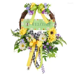 Decorative Flowers Spring Door Wreath Artificial Flower Bow Eucalyptus Wreaths Hangings For Front Wall Porch Summer Fall Garland