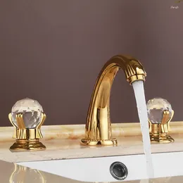 Banyo lavabo muslukları altın pvd 8 inç 3 delik yaygın lavabo musluk kristal kollar mikser musluk güverte monte yüksek kaliteli pirinç