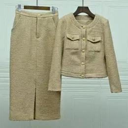 작업 드레스 최고 품질 2023 겨울 패션 디자이너 의류 세트 여성 포켓 데코 긴 슬리브 트위드 울 코트 따뜻한 스커트