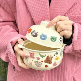 Bowls Kawaii Korean Ramen Bowl With Lid Ceramics Cute Large Instant Noodles Fruit Salad Soup Rice Cartoon Home Kitchen Tableware 231202