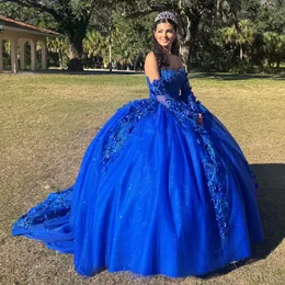 Blue Shiny Ball Gown Prom Dress Quinceanera Dress Sweetheart Beaded 3DFlowers Applique Lace Long Sleeved Formal Dresses vestidos de 15