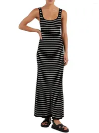 Casual Dresses Women Knit Sleeveless Maxi Dress Vinatge Striped Print Scoop Neck Bodycon Long For Party Streetweear