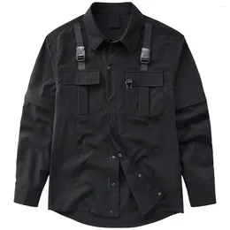 Camisas informales para hombres Techwear camisa con botones ropa de calle de gran tamaño Harajuku Hip Hop Manga desmontable blusa de herramientas negra