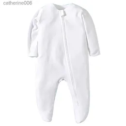 Zestawy odzieży Nowonarodzona piżama dziewczyna z zamkiem błyskawicznym i chłopcem Romper Długie rękaw Bawełniany biały moda 0-12 miesięcy ubrania dziecięce 231202