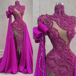 2023 Plus Size Aso Ebi Prom Dresses Grape Mermaid High Neck Lace Beading Birthday Party Dress for Black Girls Second Reception Gala Sparkling Evening Gowns ST567