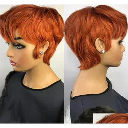 Ludzkie włosy peruki pomarańczowe imbir kolorowy peruka krótka falista bob pixie cut fl hine nie zrobił koronki z grzywką dla czarnych kobiet brazylijskie dro dhp3j