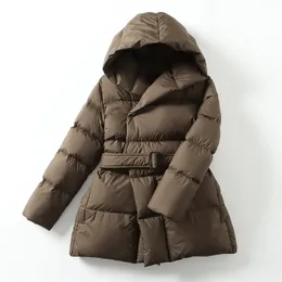 Women's Fur Faux 2023 Winter Down Jackets Ultra Light Warm Casual Coat Female Puffer Jacket With a Belt Plus Size Hooded Parka Overcoat 231201