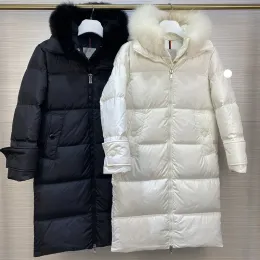 Venda quente designer de jaquetas femininas bordados emblemas casaco de inverno longo gola de pele de raposa das mulheres casacos de inverno