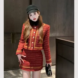 Vestido de duas peças estilo coreano outono inverno emendado 2 peças conjunto mulheres curto lã tweed jaqueta casaco de colheita mini saia conjunto mulheres roupas de duas peças 231201