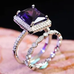 2pcs set Luxury Women's Wedding Rings Large Purple Square Stone Crystal Engagement Party Couple Jewelry Accessories Gift298E
