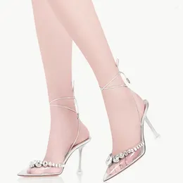 Dress Shoes 2023 Brand Rhinestones Clear PVC Women Pumps Sexy Ankle Strap Crystal Stiletto High Heels Fashion Summer Wedding Party
