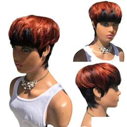 Human Hair Capless Wigs Ombre Red Color Short Wavy Bob Pixie Cut Wig Fl Hine Made Non Lace With Bangs For Black Women Drop Delivery Pr Dhbz0