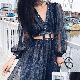 Grundläggande avslappnade klänningar Bohemian Blue Printed Vacation Dress Woman V Neck Desert Beach Maxi Bodycon y Långärmad festnitar Drop Deliv Dhsva