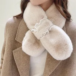 Scarves Korean Women Faux Fur Collar Pearl Lace Cross Plush Scarf Female Winter Double Sided Thick Neck Protection Warm Shawl T36
