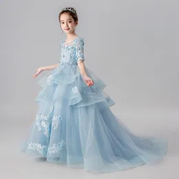 biała sukienka kwiatowa królewska niebieska tiul puffle warstwowe aplikacje na weselne rękawy tiul tiul dla dzieci świąteczne ceremonialne sukienki urodzinowe Bankiet suknie księżniczki