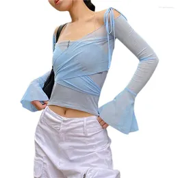 T-shirts Femmes Xingqing Sexy Femmes Chemise Y2K Esthétique Col V Voir à travers Transparent Mesh Tops Streetwear Flared Manches Longues Dames