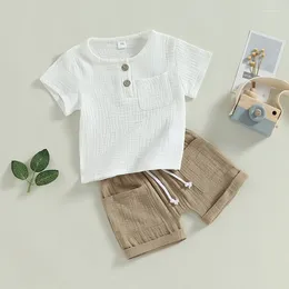 Conjuntos de roupas bebê meninos verão 2 peças roupas cor sólida manga curta camiseta com bolso no peito e shorts elásticos casuais conjunto