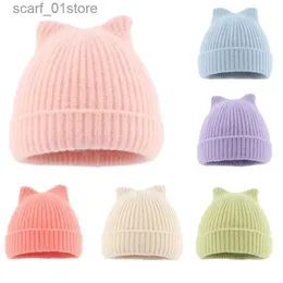 Beanie/Skull Caps Solid Color Autumn Winter Wool Knit Hat Baby Warmer Beanie For Kids Newborn Infant Cartoon Cute Cat Ears Knitted C BonnetL231202
