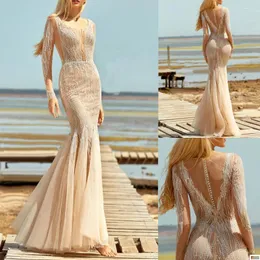 Party Dresses Crystal Mermaid Evening Sheer Jewel Neck Beading Sequins Prom Dress Long Sleeves Illusion Formal Gown