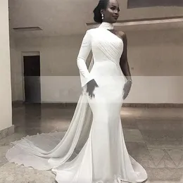 Sexy Mermaid Nigerian One-shoulder Evening Dresses with Ribbon Wrap 2023 South African Kaftan Chiffon Train Prom Dresses Long Sleeves