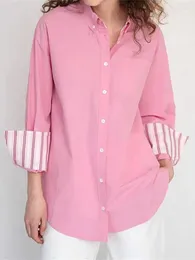 여자 T 셔츠 여성 핑크 블라우스 2023 가을/겨울 프랑스 숙녀 긴 소매 스트라이프 커프스 느슨한 핏 셔츠와 싱글 포켓