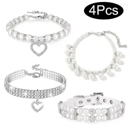 Dog Collars 4 Pieces Luxury Adjustable Crystal Rhinestone Diamond Pearl Cat Pearls Pet Necklace Collar
