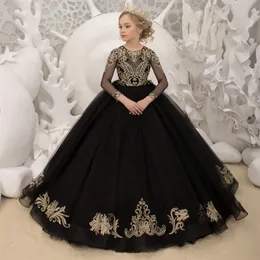 Luxury Black Gold Applications Flower Girl Dresses For Wedding 2024 Princess Ball Gown Pageant Long Sleeves First Communion Gowns