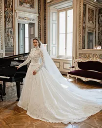 Newest Lace A Line Wedding Dress 2024 High Neck Long Sleeve Church Weedding Gown Front Button Princess Bridal Dresses