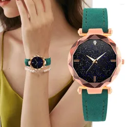 Wristwatches Sdotter 2023 Wrist Watches For Women Starry Sky Elegante Crystal Dial PU Leather Belt Green Watch Female Clock Montre Fe