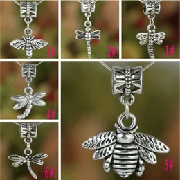 Dragonfly Bee Big Hole European Beads 100pcs lot 6Styles Ancient Silver Fit Charm Bracelet Jewelry DIY241c