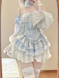 Zweiteiliges Kleid 2023 Herbst blau Lolita Kleidung Anzug dünne Weste Kawaii Y2k Mini elegante kurze Party japanischen Stil Mode 231202