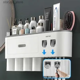 Suportes de escova de dentes Suporte de escova de dentes Copos de rack de armazenamento de parede com 2 Dispensador de pasta de dente para casa Organizador Acessórios de banheiro Conjunto Q231202