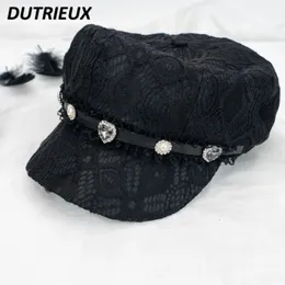 BERETS MINE SERIE ECTAGONAL CAP Fashion Painter Hat Japanese Rhinestone Spets Sweet Black Hats for Women Winter 231201