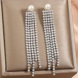 Dangle Oorbellen FEEHOW Koreaanse Lange Kwast Parel Voor Vrouwen Luxe Vol Strass Goud Kleur Drop Earring Bruiloft Sieraden