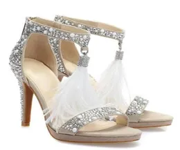 Real Po Crystal Embellished Tbar Sandals For Women White Feather Fringe Wedding High Heel Shoes Shining Rhinestone Sandal7326255