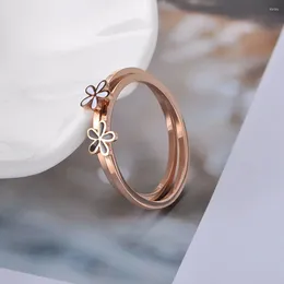 Cluster Rings FlyMango Fashion White/Black Double Flowers Ring Jewelry For Women Girl Rose Gold Color Stainless Steel Anniversary FR19009