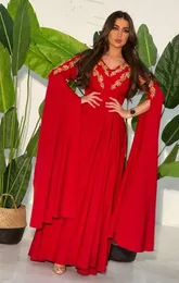 Elegante árabe mangas compridas vestidos de noite com apliques de renda dourada com decote em v uma linha vestido de baile vermelho para mulheres caftan dubai vestido de ocasião especial 2024