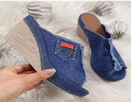 Sooneeya New Women Sandals Wedges Shoes For Women Casual Fashion Black Blue Female High Heels Slides Fish Mouth Denim Flip Flop7296652