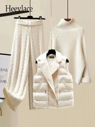 Kvinnor S Two Piece Pants Winter Warm 3 Set S Office Office Ladies Turtleneck Knittad tröja Woolen Parkas Vest Wide Leg Knitting 231202