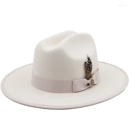 Berets Feather Band Fedora Hat for Women Men Wool Feel Wide Brim Vintage Jazz Cap Winter Fedoras Para Hombre