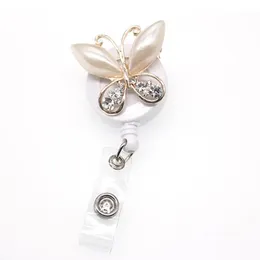 30pcslot Fashion Rhinestone pearl beautiful butterfly Retractable animal ID Badge Holder reel for giftparty1754974