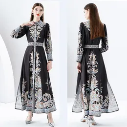 여자 디자이너 파티 Boho Maxi 드레스 긴 슬리브 라펠 버튼 전면 슬림 한 휴가 검은 셔츠 드레스 2023 봄 가을 페이즐리 플로럴 빈티지 런웨이 드레스