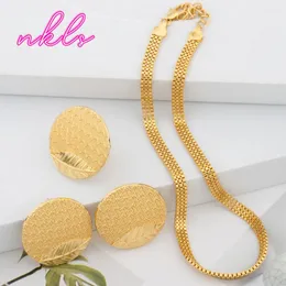Necklace Earrings Set Dubai Fashion Trendy Simple Chain African Gold Color And Rings For Lady Wedding Jewellery