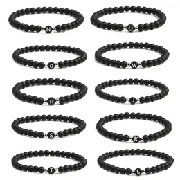 Bracciale con perline smerigliate nere da 6 mm, unisex, con 26 iniziali, lettere, nome, corda elastica per gioielli di coppia, amicizia, amante